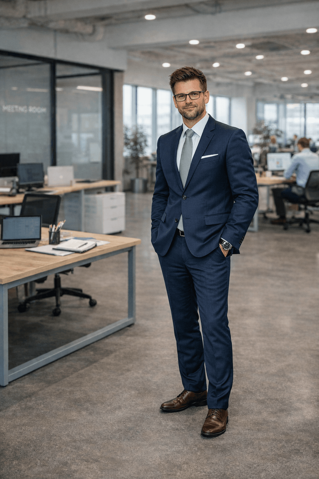 Businessman in a navy suit and glasses standing confidently in a modern open-plan office.